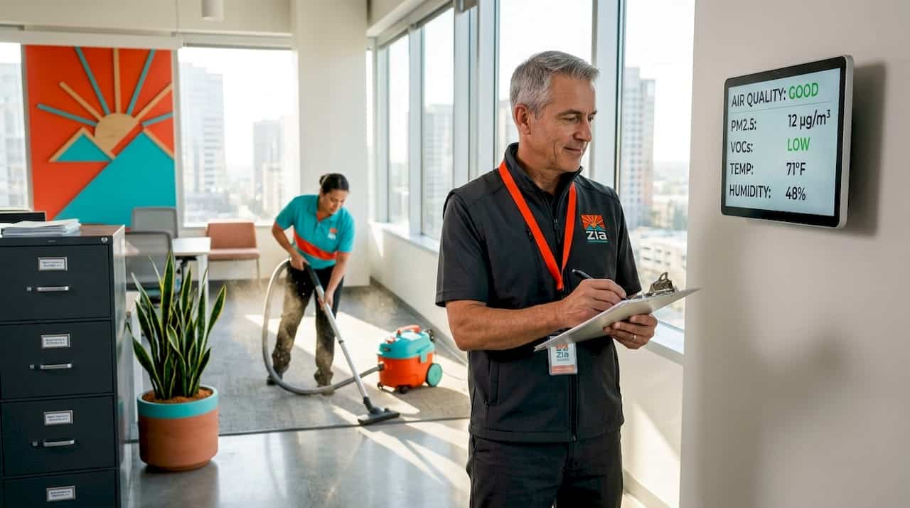 Office manager checks air monitor while cleaning