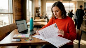 Office manager reviews cleaning contract at desk