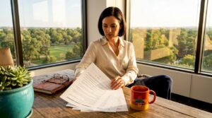 Manager reviews commercial cleaning contract