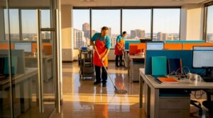 Janitor deep cleaning open-plan city office