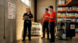 Supervisor leads safety training in supply room