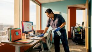 Staff cleaning desk in bright corner office