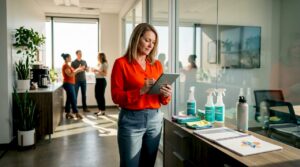 Facility manager reviews audit checklist in office