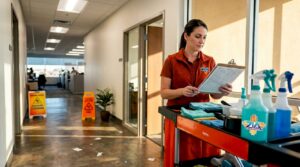 Facility manager checking cleaning checklist in hallway