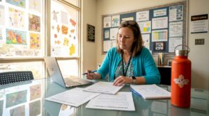 Administrator reviewing school cleaning contract paperwork