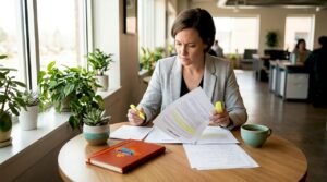 Manager reviews cleaning contract at conference table