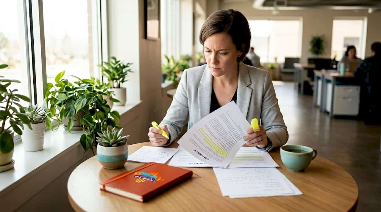 Manager reviews cleaning contract at conference table