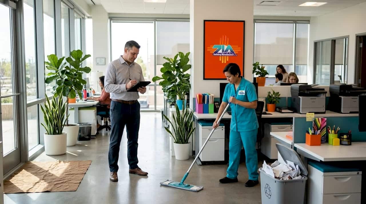 Supervisor inspecting janitorial cleaning process in office