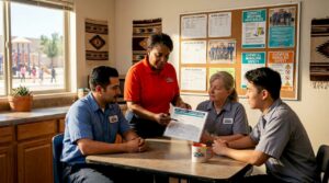 School janitorial supervisor and staff reviewing checklist