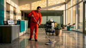 Janitorial staff cleaning commercial building lobby floor