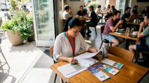 Facility manager reviewing janitorial onboarding paperwork