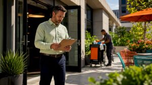 Facility manager reviewing cleaning checklist in lobby