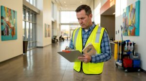 Building manager inspecting cleaned commercial lobby