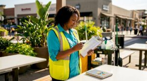 Facility manager reviewing janitorial supplies on tablet
