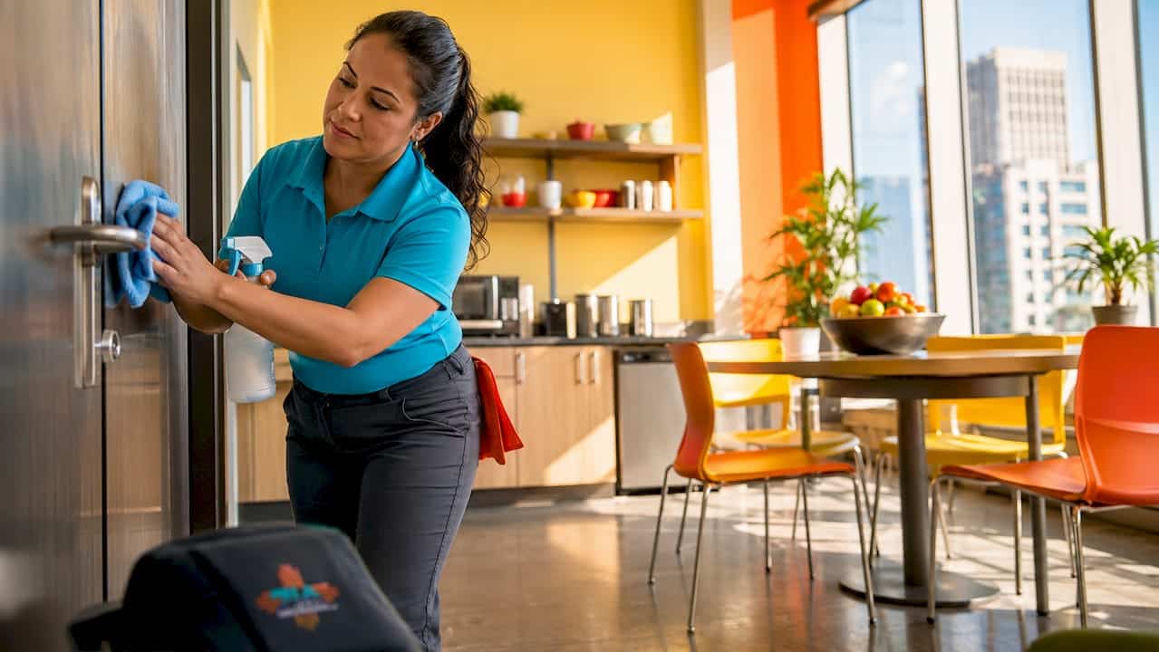 Woman cleaning office door handle