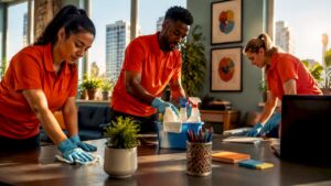 Professional cleaners cleaning office desks