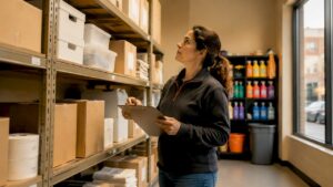 Retail manager checking store cleanliness in aisle