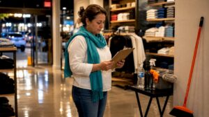 Store manager inspecting nightly retail cleaning checklist