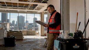 Supervisor reviewing post-construction cleaning checklist