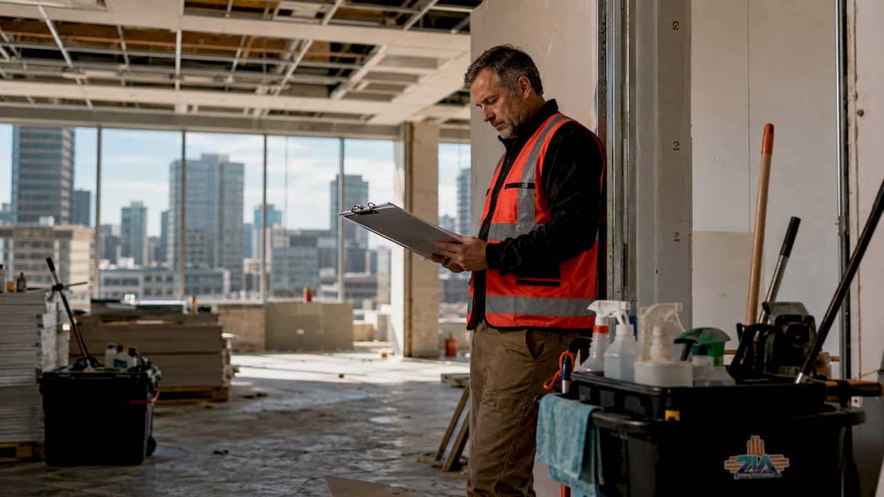 Supervisor reviewing post-construction cleaning checklist