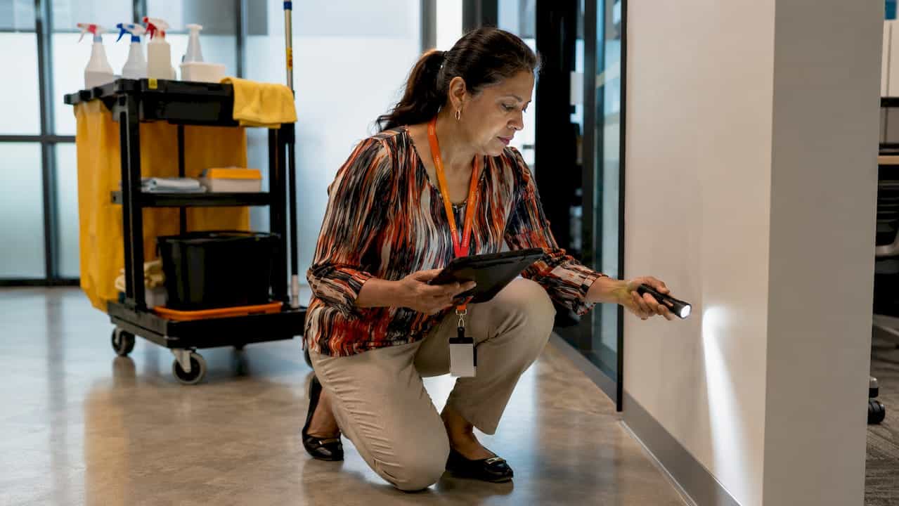 Facility manager inspecting cleaned office hallway