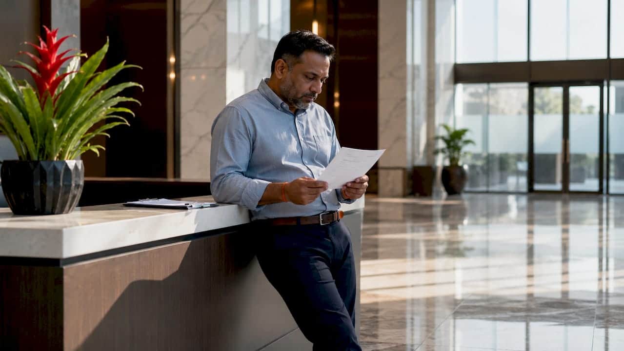 Man reviewing cleaning contract in commercial lobby