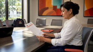 Facilities manager reviewing janitorial checklist in lobby
