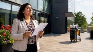 Property manager checking janitorial cleaning checklist in lobby