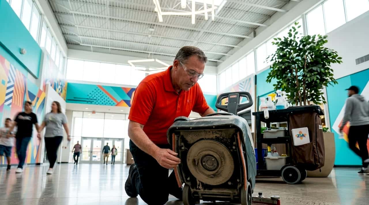Facility manager inspecting floor scrubber in hospital corridor