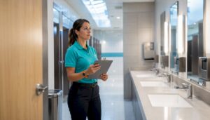 Retail manager inspecting clean restroom