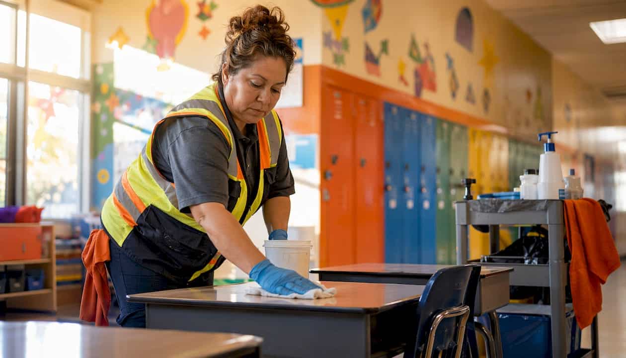 Janitor cleaning desks in sunny classroom