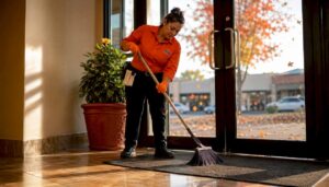 Retail worker sweeping clean store entrance