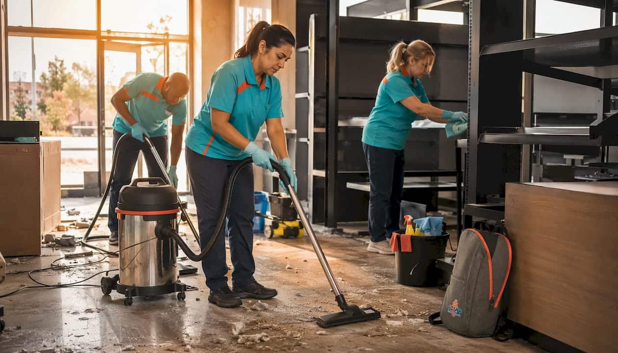 Cleaning crew performing post-renovation tasks