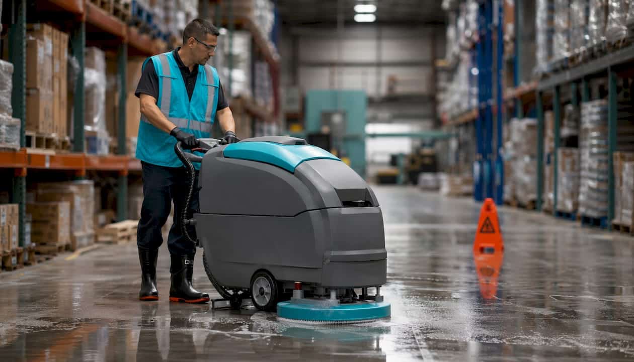 Hands using floor scrubber in warehouse