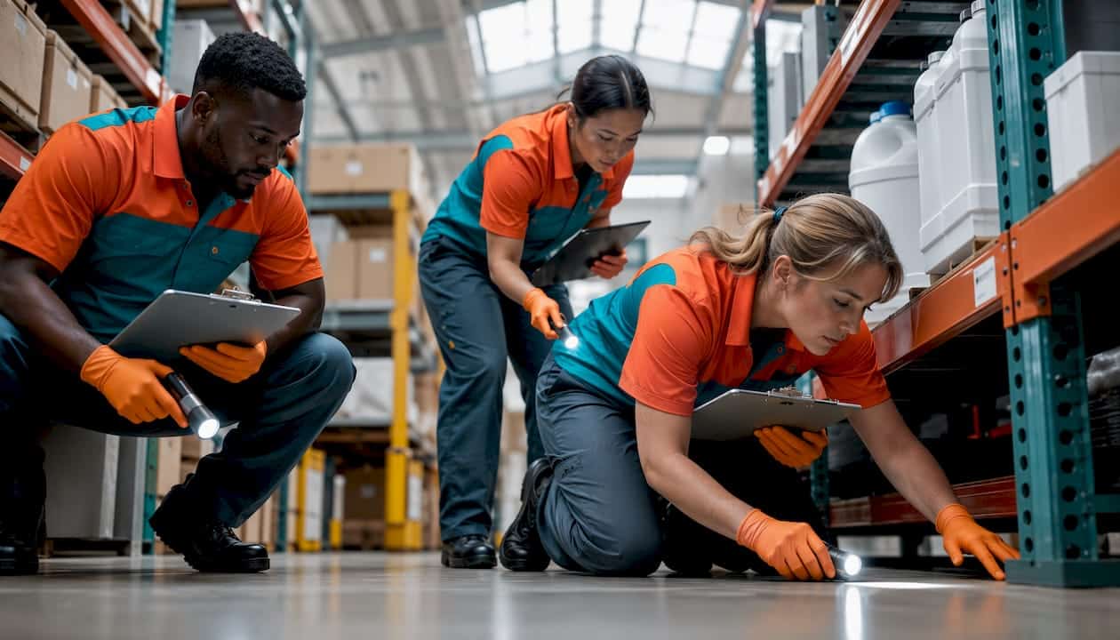 Cleaning team inspecting warehouse vents