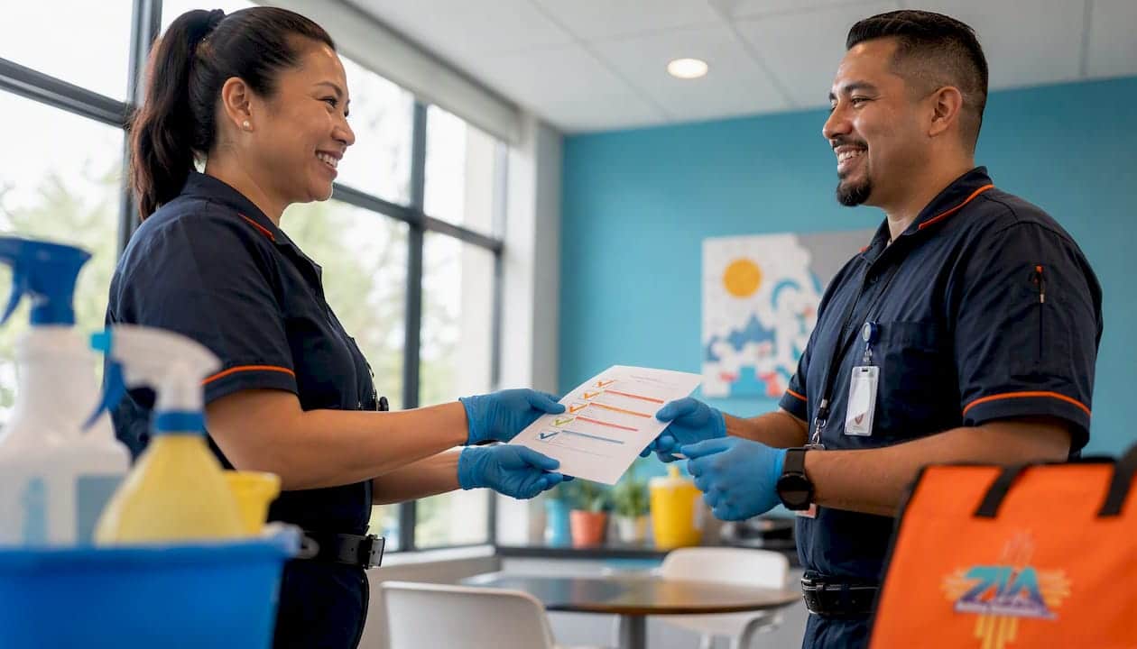 Cleaning crew exchanging inspection report