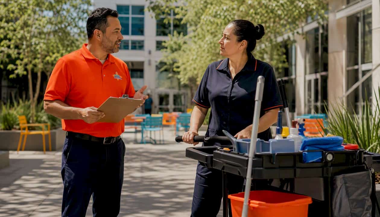 Supervisor consulting cleaning staff in commercial lobby