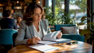 Businesswoman reviewing insurance documents at desk