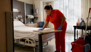 EVS staff performing terminal cleaning in patient room
