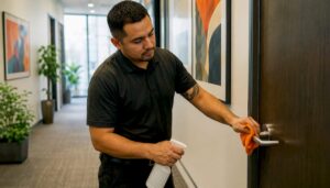 Hand wiping office door handle with disinfectant cloth