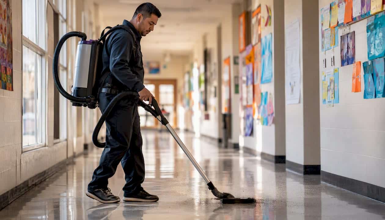 Backpack vacuum in school hallway cleaning