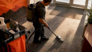 Janitor vacuuming commercial office carpet