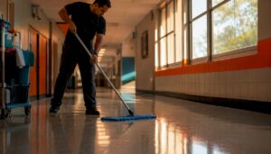 Custodian mopping school hallway floor
