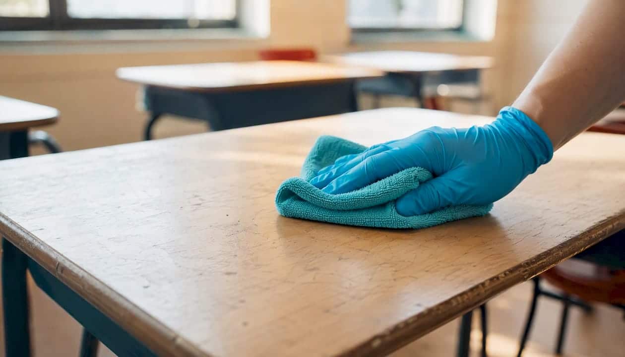 Microfiber cloth cleaning school desk