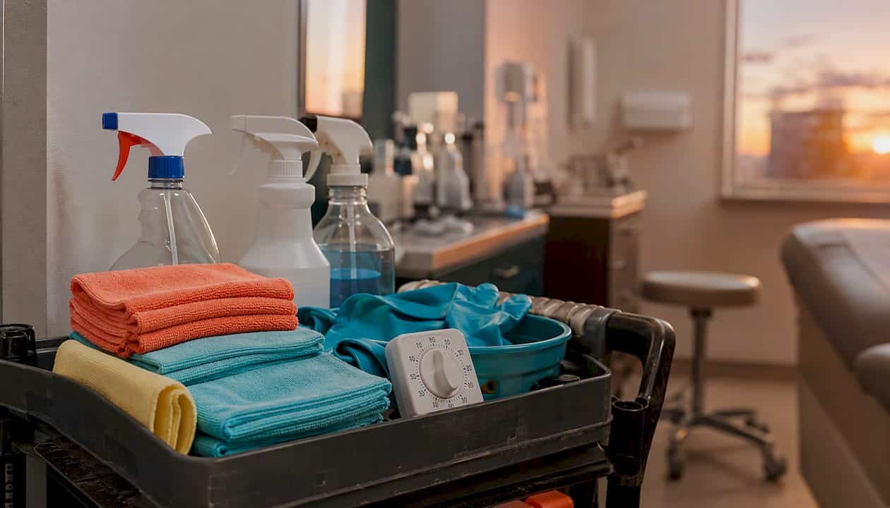 Janitorial cart prepared for exam room cleaning