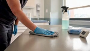 Hand wiping exam room surface with disinfectant