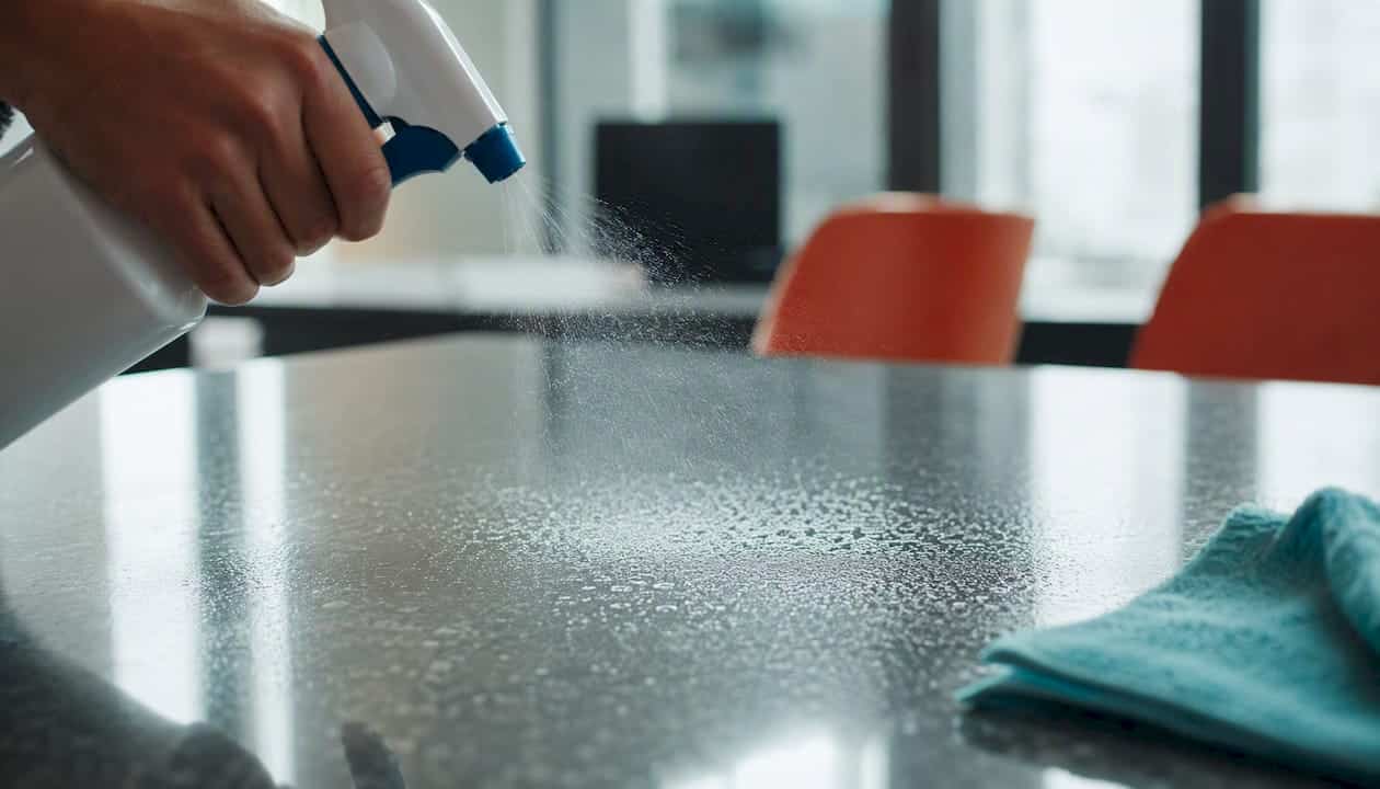 Disinfectant spray on surface droplets close-up