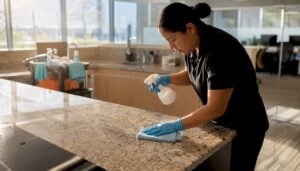 Hand spraying disinfectant on countertop