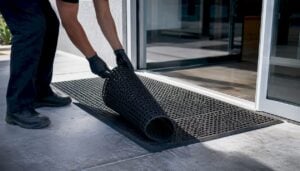 Cleaning outdoor scraper mat at building entry