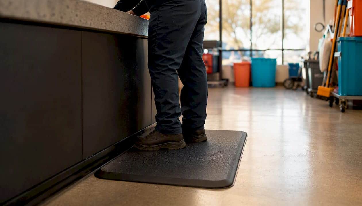 Anti-fatigue mat at standing workstation